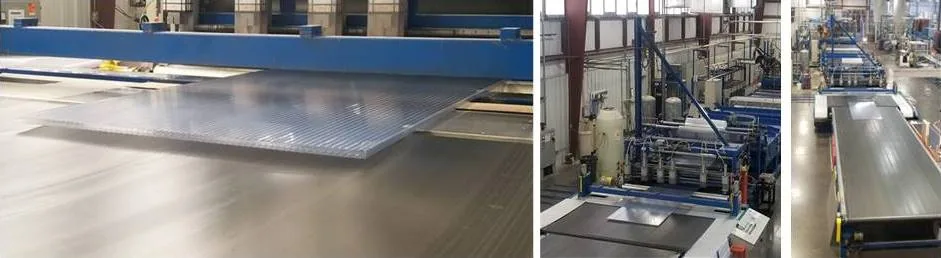 Polycarbonate sheet on the extrusion line during production of Duo-Gard glazing panels